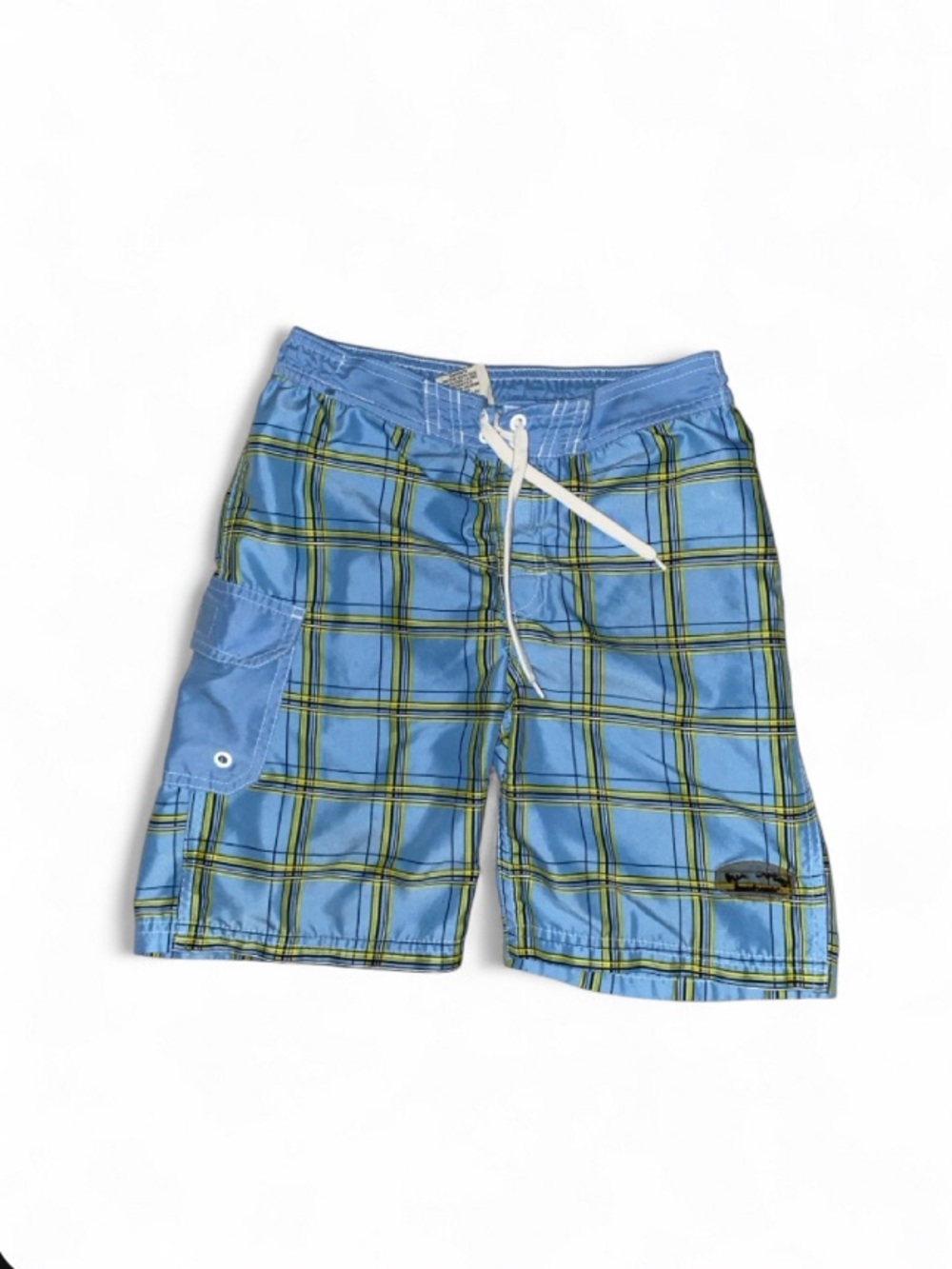 Plaid Swim Shorts with Side Cargo Pocket - Blue